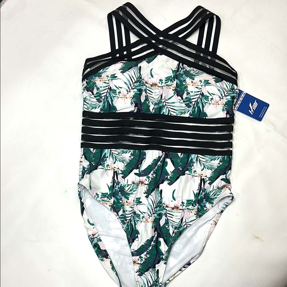 HILDT one piece green leaf floral swimsuit with sheer black striped trim L 10/12